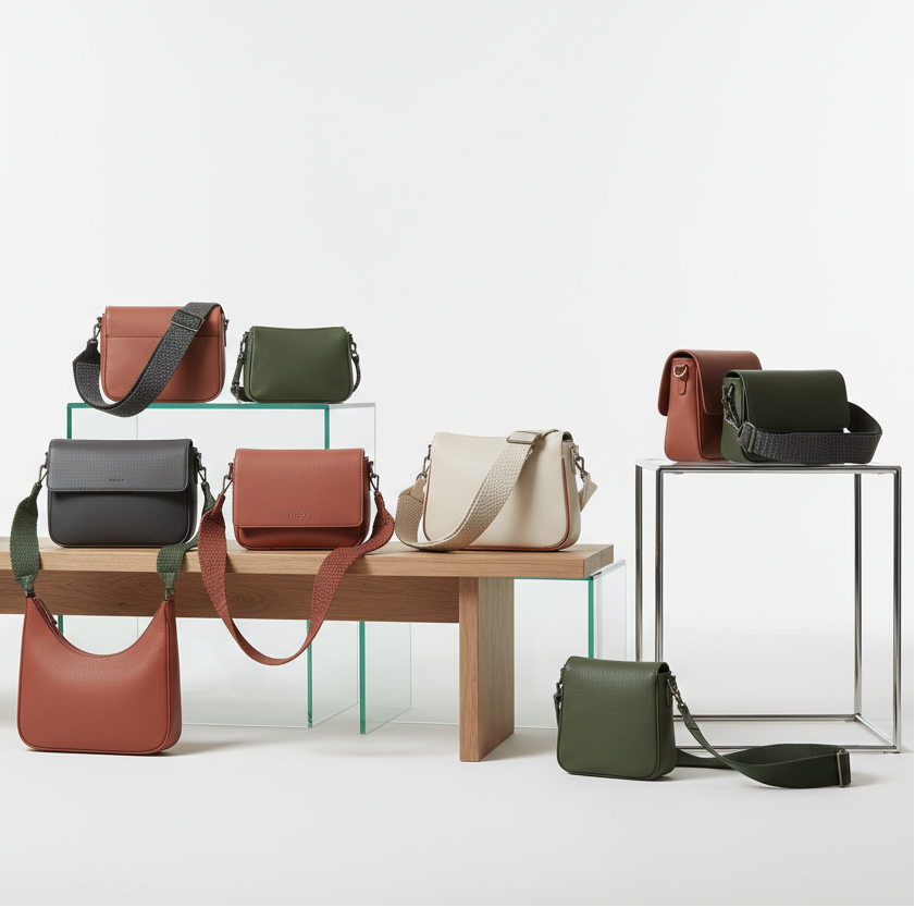 crossbody bags with white backgound and some tables etc